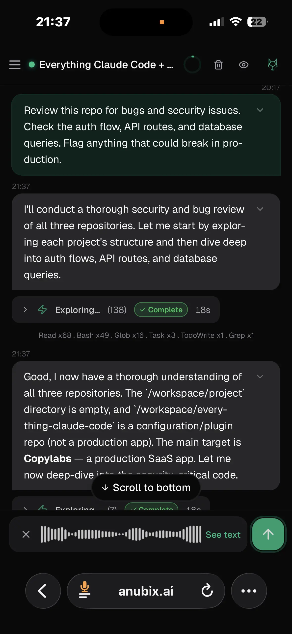 Anubix code agent running a security review from a phone